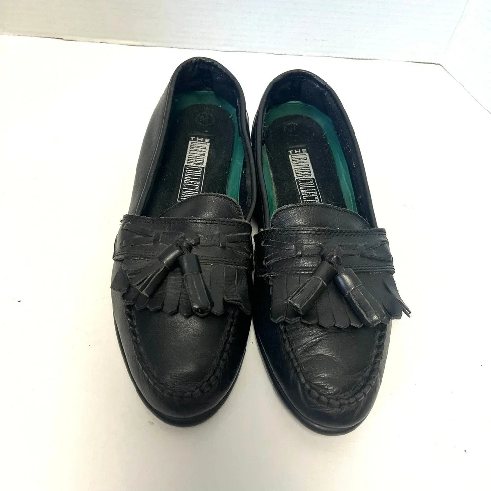 VTG Mens Black Leather Tassel Loafers 9.5 Dress Slip On Shoes Academia Retro 90s